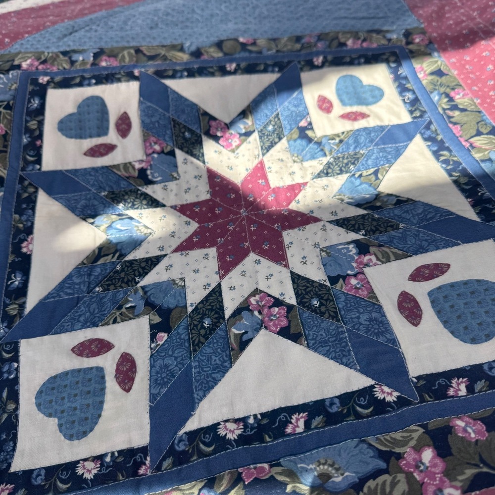 Handmade Vintage Quilt Queen Blue Red Lone Star Heart Floral Patchwork 82x102" - Picture 15 of 16